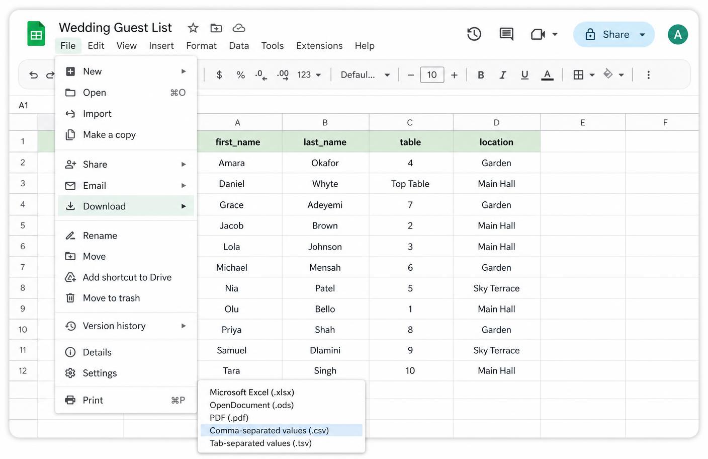 Google Sheets File menu open with Download and Comma-separated values (.csv) highlighted