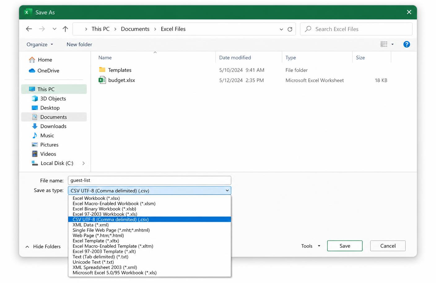 Microsoft Excel Save As dialog with CSV UTF-8 (Comma delimited) selected in the file type dropdown